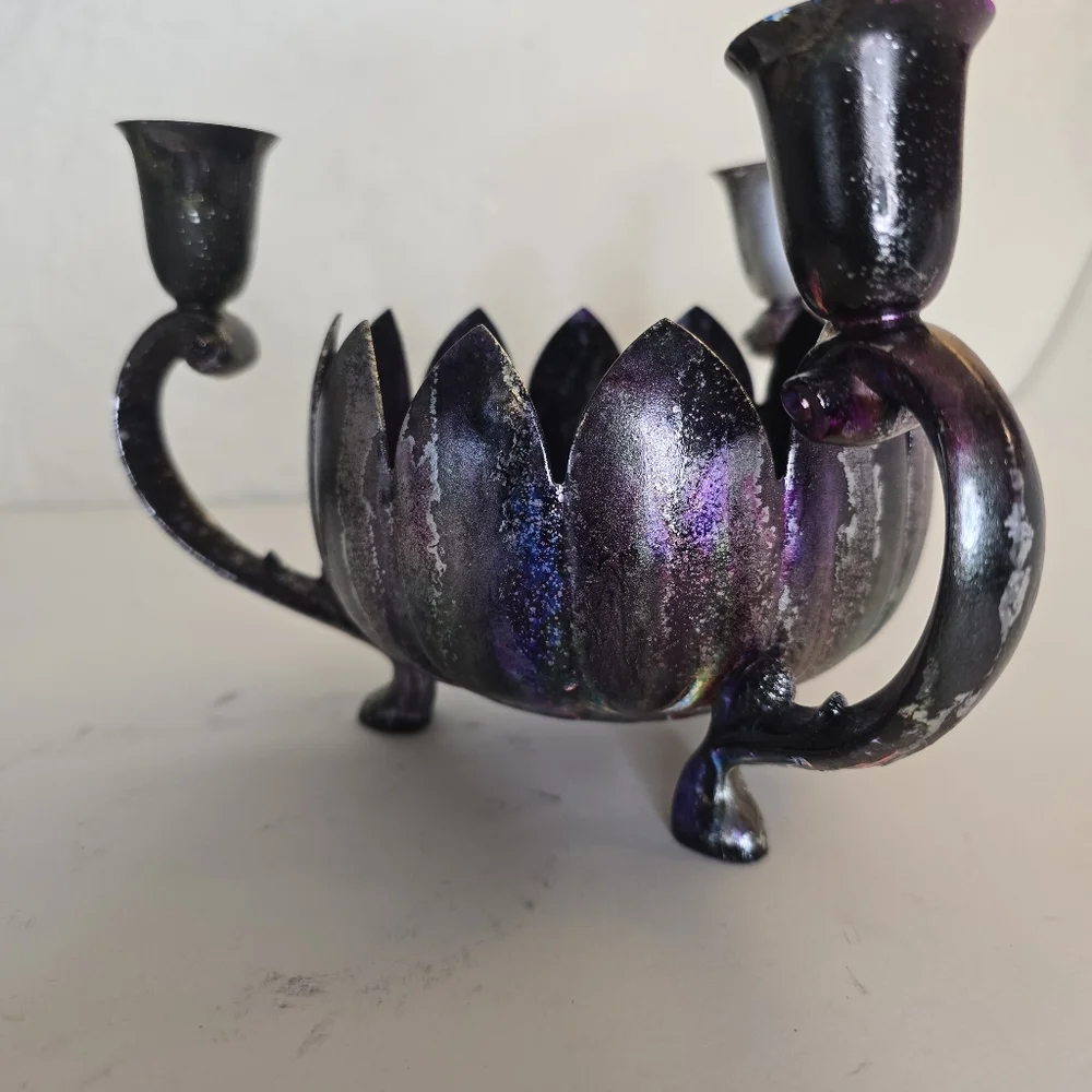 HANDCRAFTED Upcycled 3 Candlestick Holder HANDPAINTED Tabletop Candle Decor